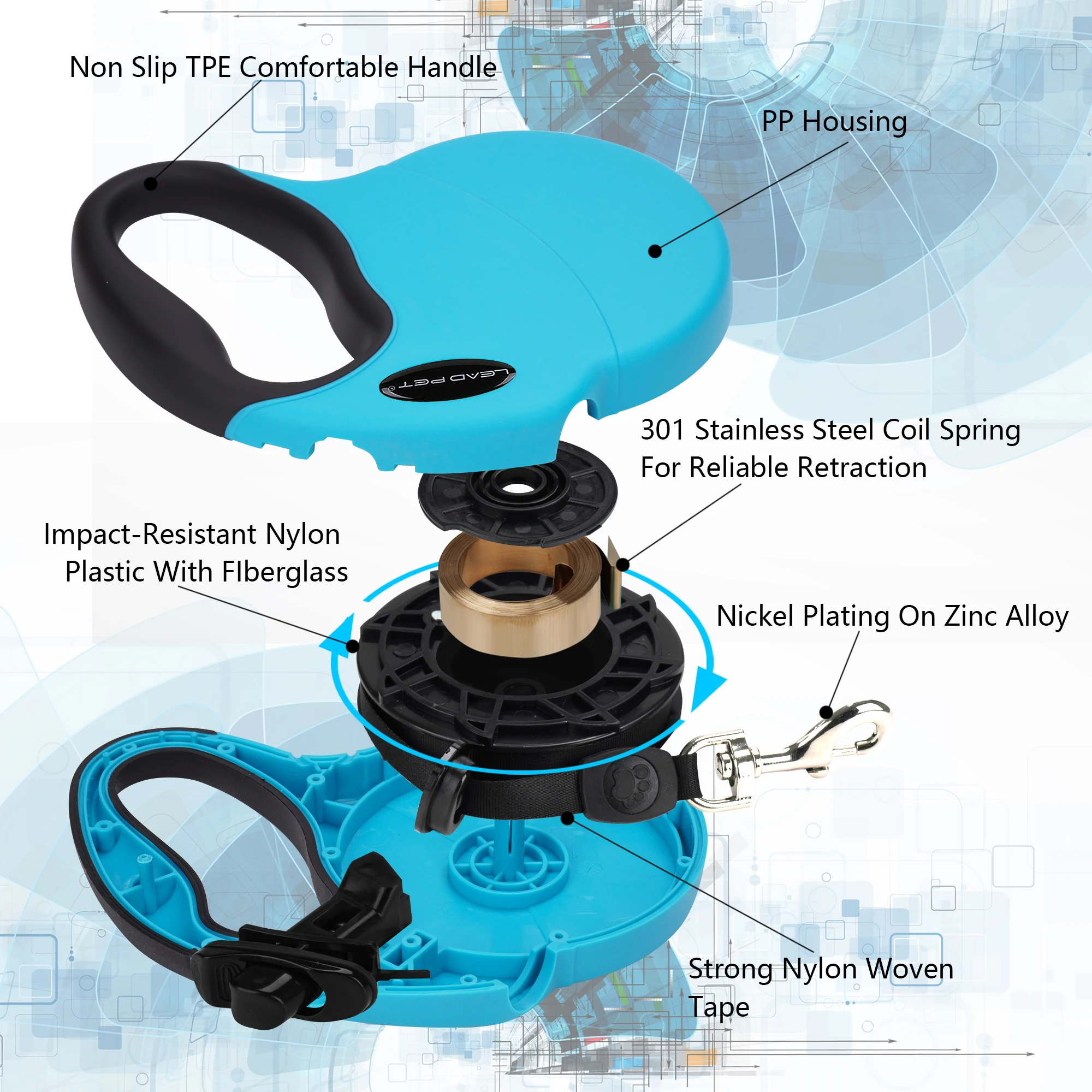 LEAD PET 16FT Dog Walking Leash with Chew Proof Cable, for Dog ups to 100lbs, Ergonomic Handle,One Button Break & Lock