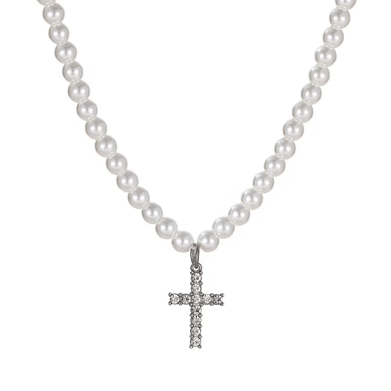 Factory wholesale hip hop 6MM 8MM 10MM glass pearl chain with stainless steel cross pendant necklace