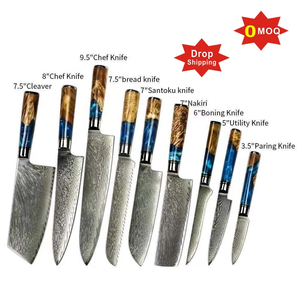
Dropshipping Hot Selling 67 Layers Damascus Steel Kitchen Chef santoku slicing bread cleaver butcher utility paring Knife Set 