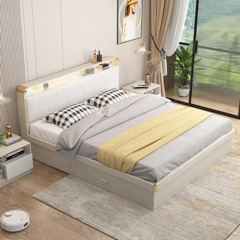 Full Furnished Bed Room White Standard Queen Double Platform Stylish Leather Functional Beauty Bed Frame