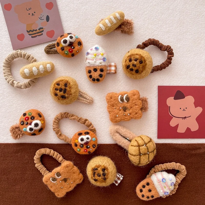 MIO wool felt hair clip elastic hair ties cookies duckbill clips cute wool felt hair band dessert series bb hairpin elastic band