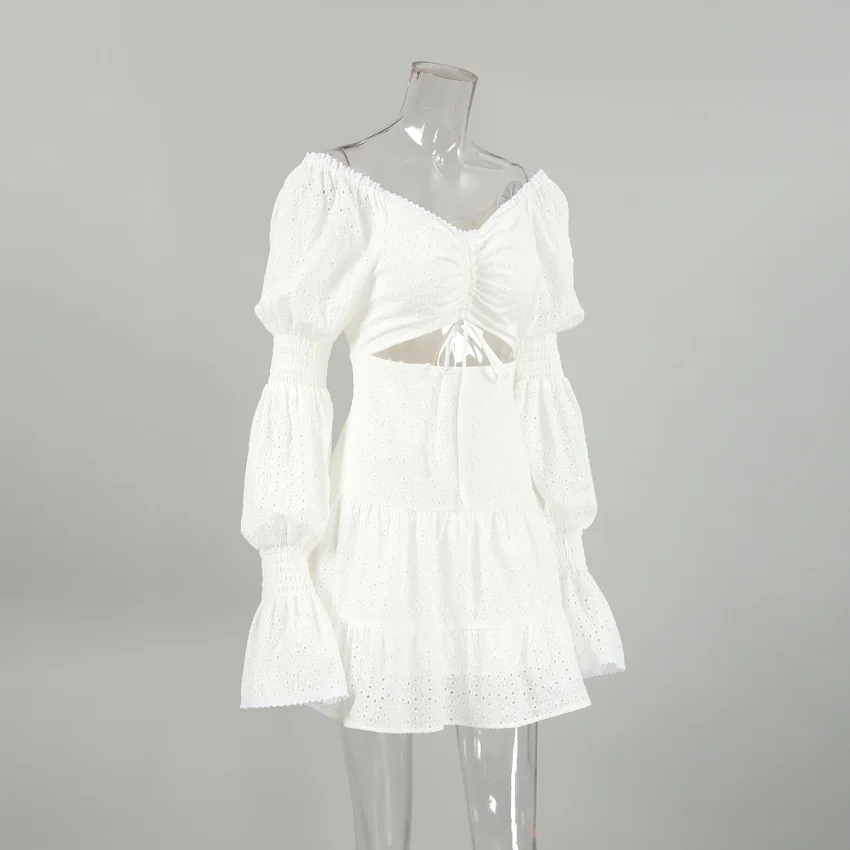 2024 Mini Dress tiered Woven Cut Out Crochet V-neck White Long Sleeve Eyelet Skater Mini Dress