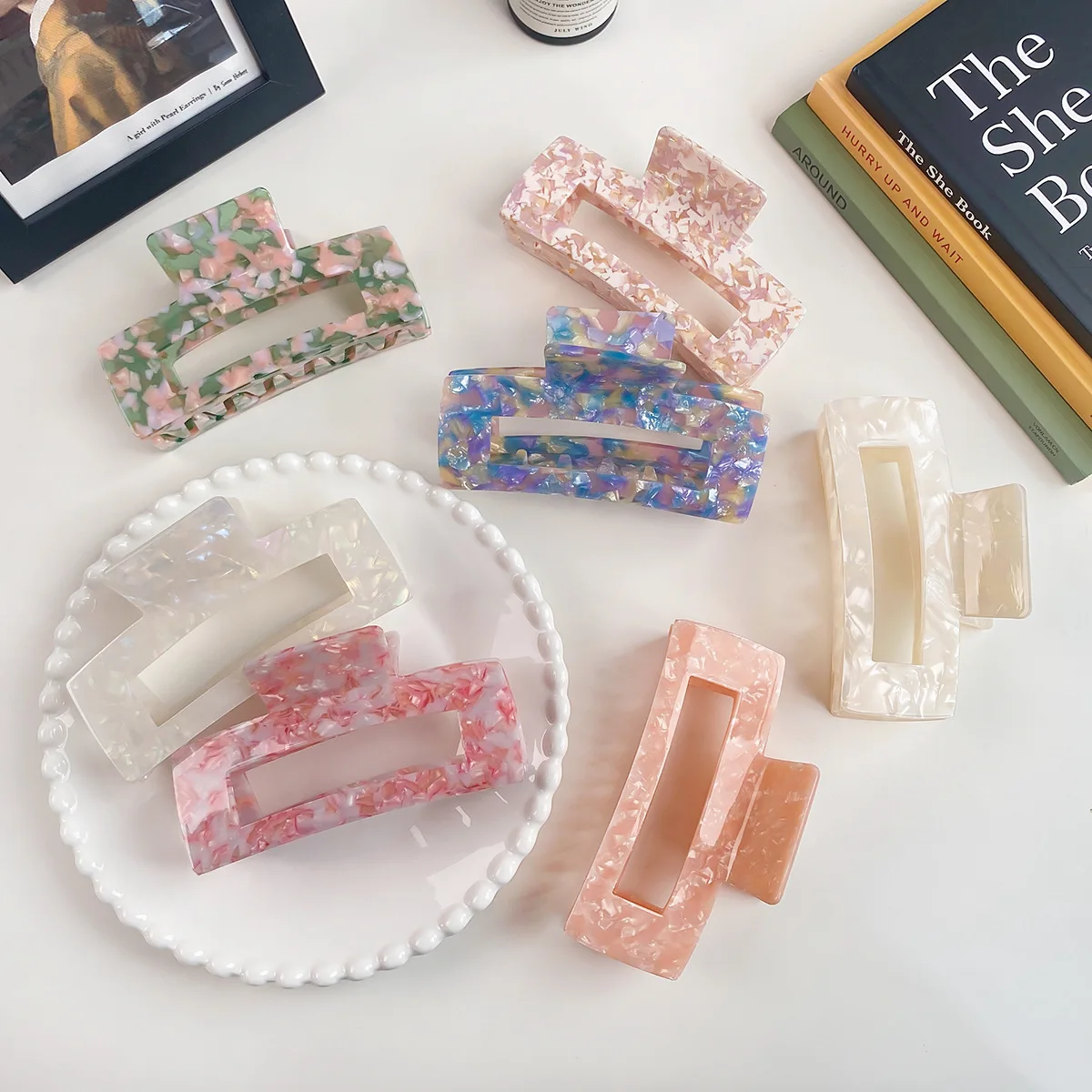 Оптовая продажа цветные квадратные клипсы для волос из ацетата целлюлозы 13 см большие густых на заказ