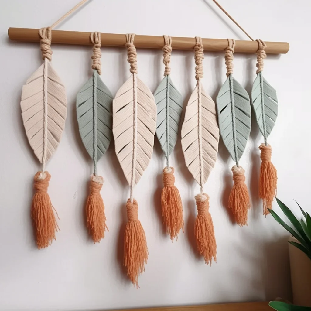 Настенный декор из хлопка макраме с перьями и листьями деревянным верхом