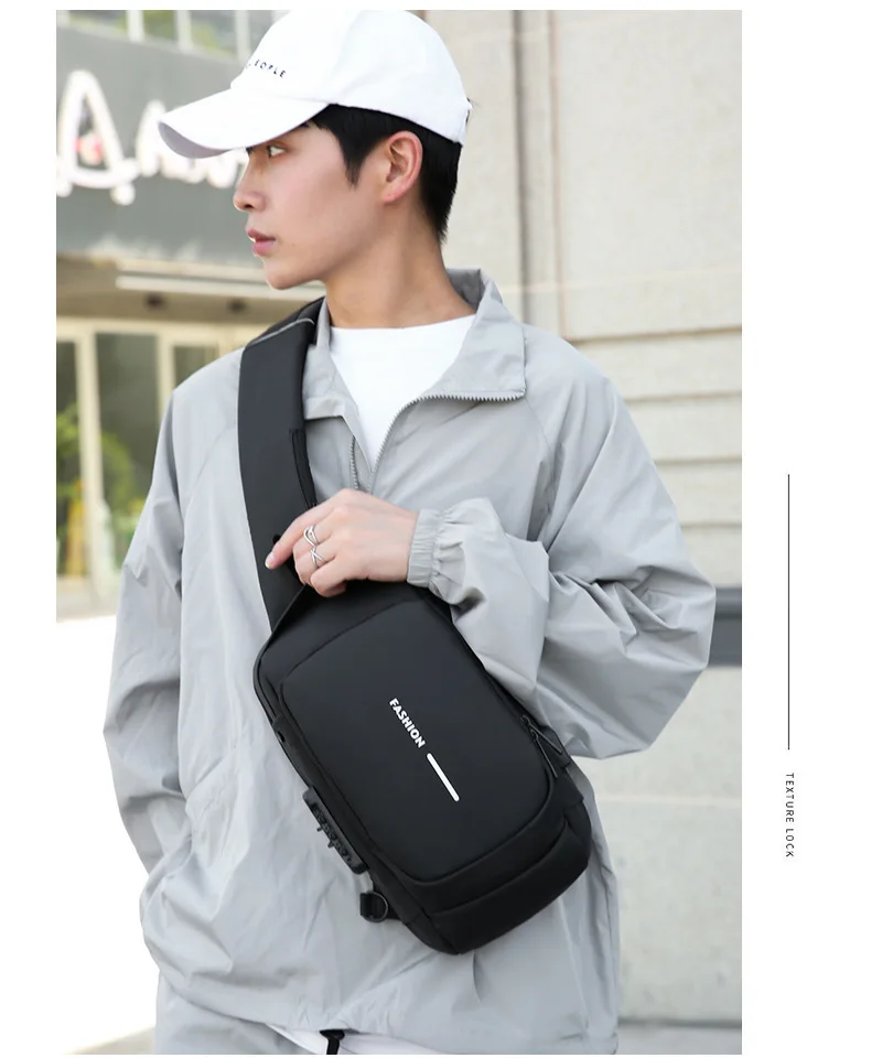 Factory Custom Men Fashion Anti-theft Waterproof Sport Chest Bag Multi-function Man Single Shoulder Bag with USB and Locked Code