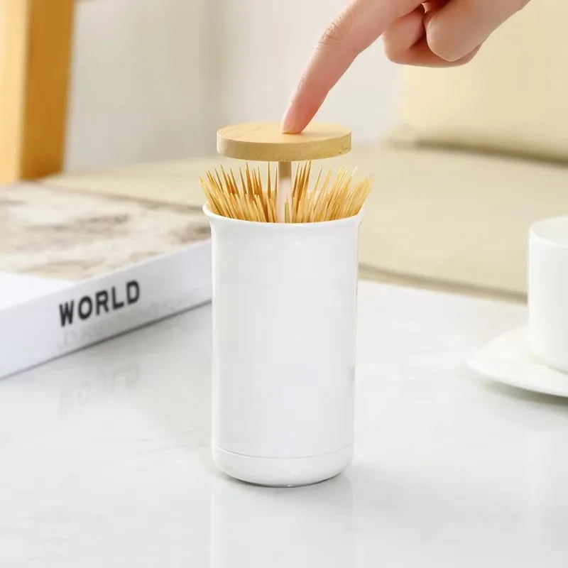 Household Canteen Cylinder Mini Toothpick Holder Dispenser Plastic Press Smart Toothpicks Holder with Bamboo Cover