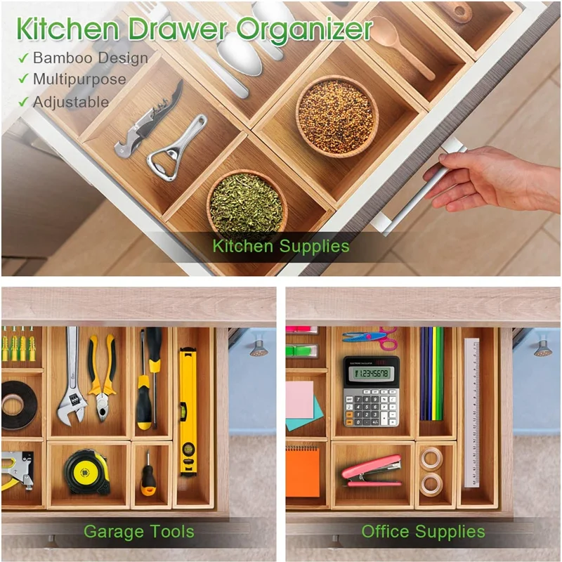 Kitchen Drawer Organizer for Utensils Grid Silverware Tray Bamboo Drawer Organizers Cutlery Storage with Removable Dividers