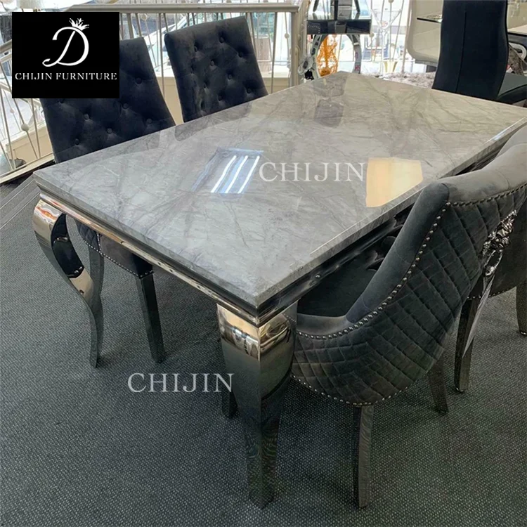Luxury Marble Glass Dining Table Set 6 Seat Silver Stainless Steel Base Dining Furniture