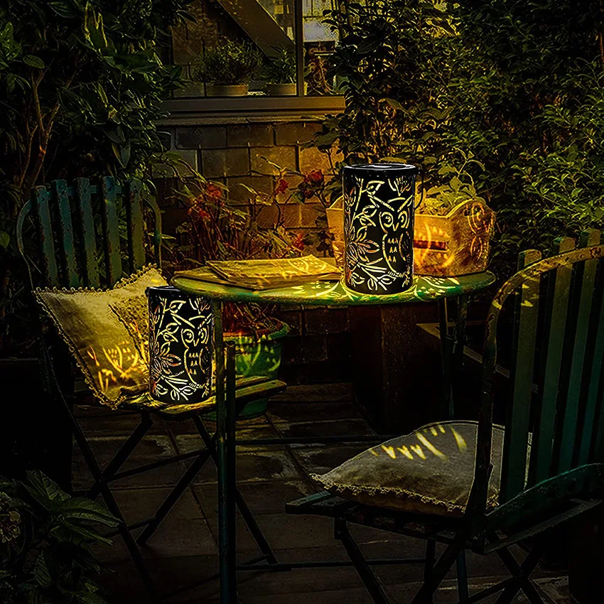 New Hot Sale Stock Iron Solar Owl Lamp Patio Cylindrical Led Outdoor Waterproof Hollow Night Lamp Landscape Lights