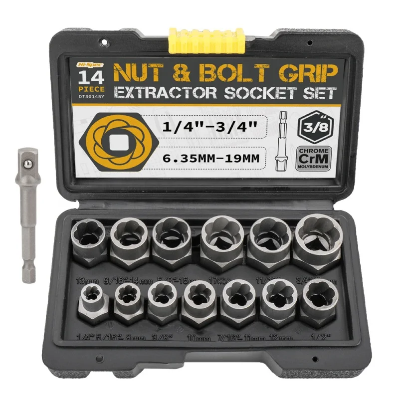 3/8' Drive Impact Bolt Nut Extractor Set, 13 Pcs Lug Nut Remover Kit 1/4'-3/4' Twist Socket Tool Set with a 1/4' Hex Drive