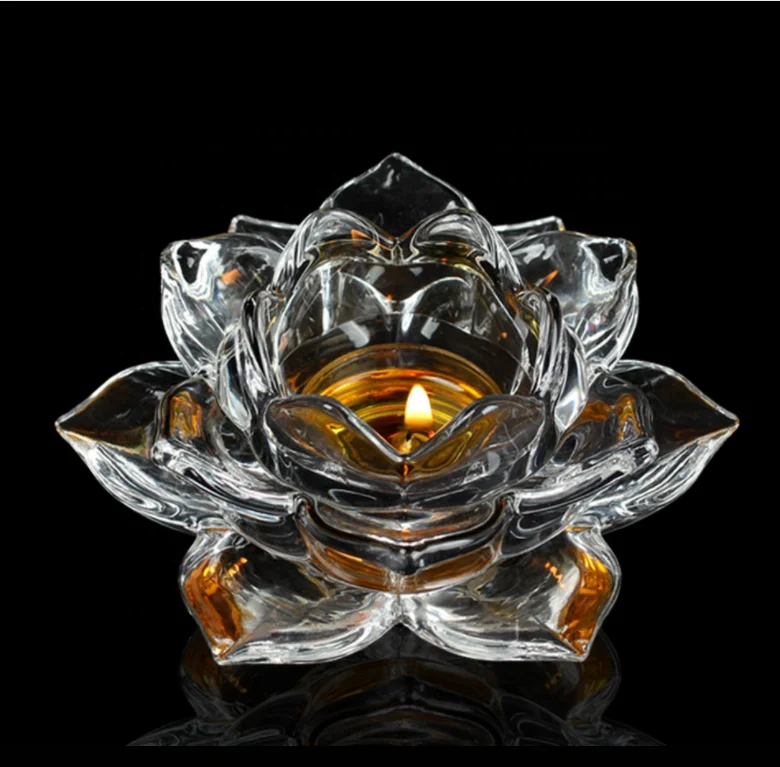 Crystal Butter Lamp Tea Light Candle Holder Clear Lotus Pray Lamp