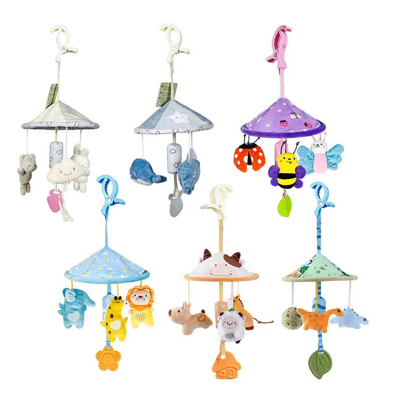EN71 ASTM CPC Certification Baby Hanging umbrella plush animals toy with bell teether and squeak sound M037