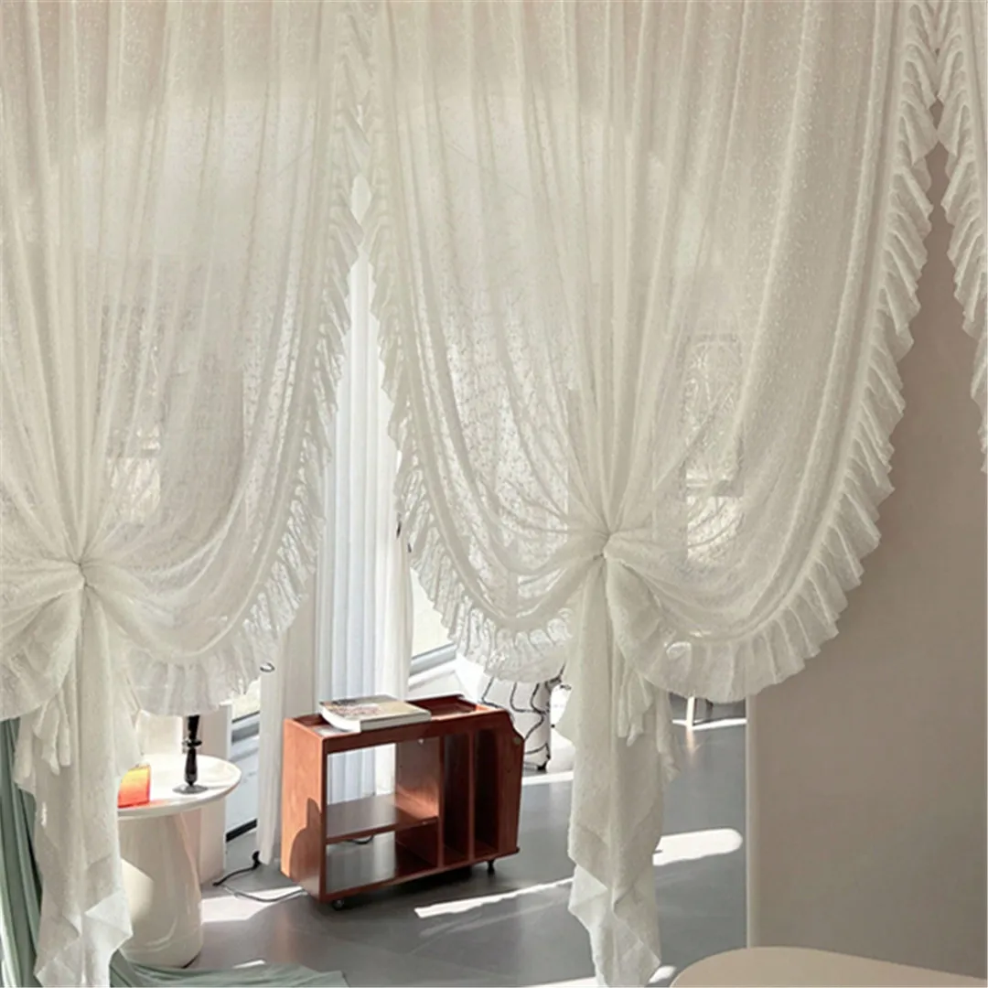 2024 New French Style Creamy Flounce Lace White Luxury Sheer Curtain for Bedroom Living Room All-season
