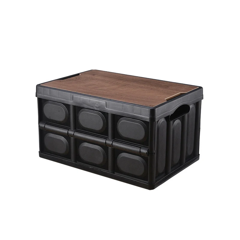 Multi-functional folding basket plastic camping custom container tool storage box with wood lid for camping