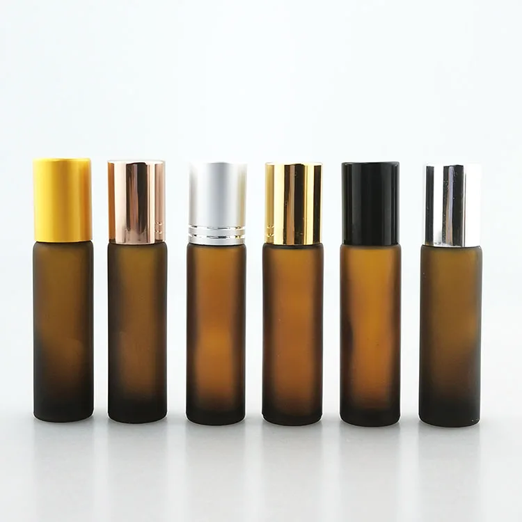 Frosted Amber Empty Glass Roller Bottle 10 ml with Stainless Roll On Ball and Aluminum Gold Cap