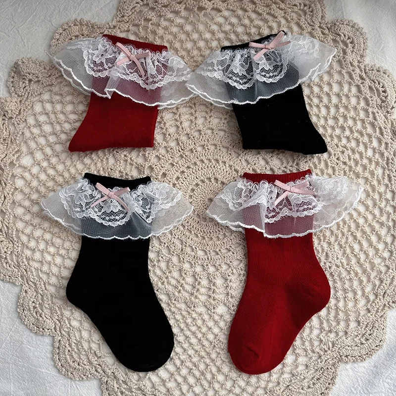 Autumn/winter Princess Windbaby baby mid-tube socks Double lace lace cotton uncut soft comfort socks for girls