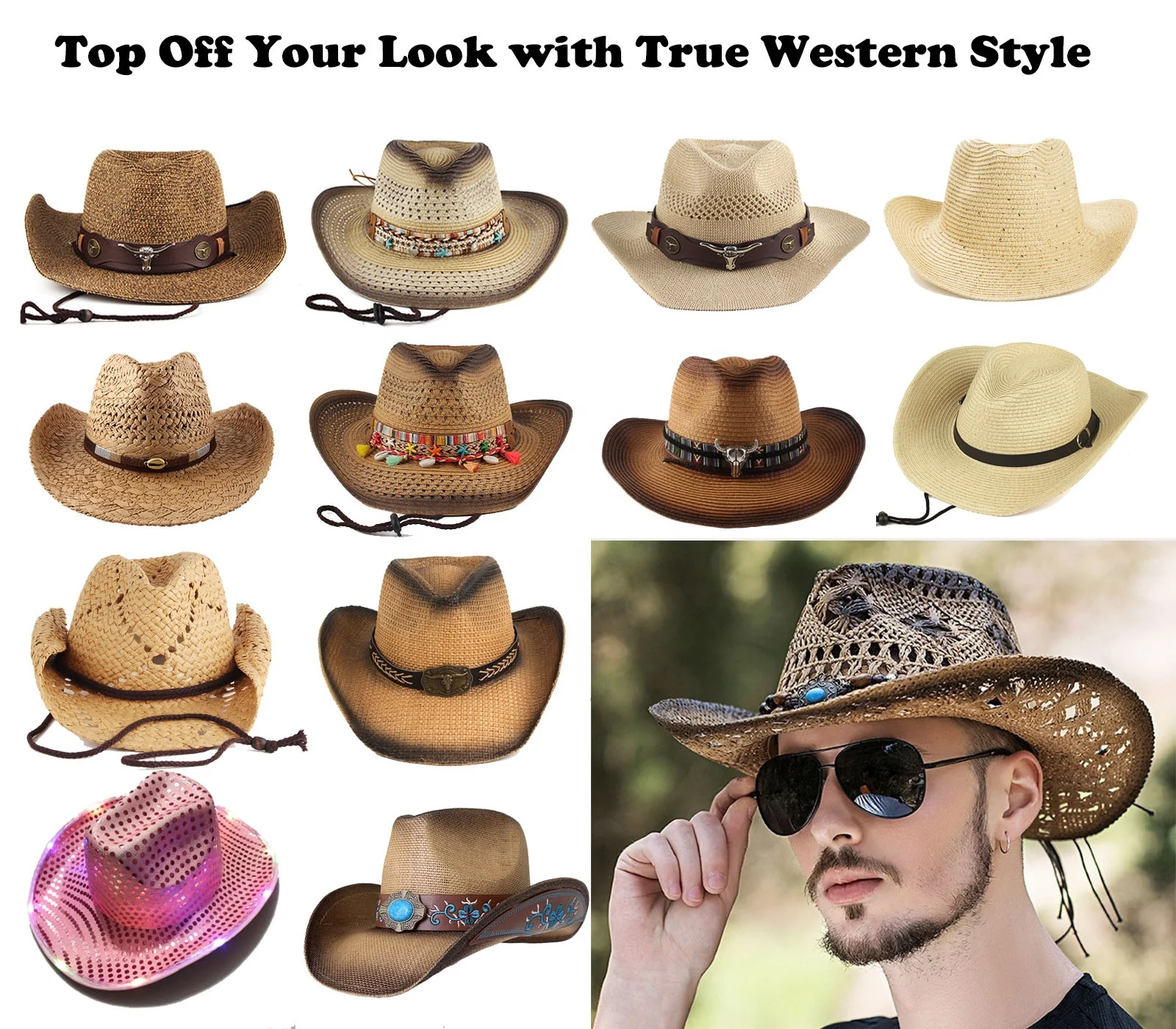 WD-A875  Classic Bohemian Western Straw Cowboy Hat For Men And Women With Wide Brim Uv Protection For A Perfect Fit