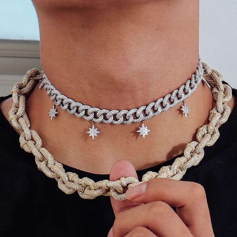 19mm 14K Gold Iced Miami Cuban Link Chain Choker Necklace Round Diamond Lock HipHop Cuban Link Choker