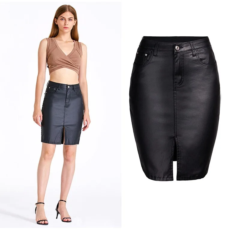 Black Pu Leather Pencil Skirt Knee Length Midi Bodycon Skirt Womens Elegant High Waist Bodycon Front Split Ladies Skirts