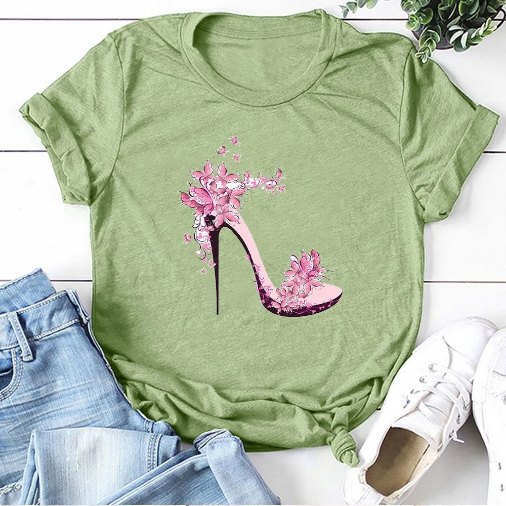 Ladies High Heel Cute Printed Tops Tee Casual Female T Shirts