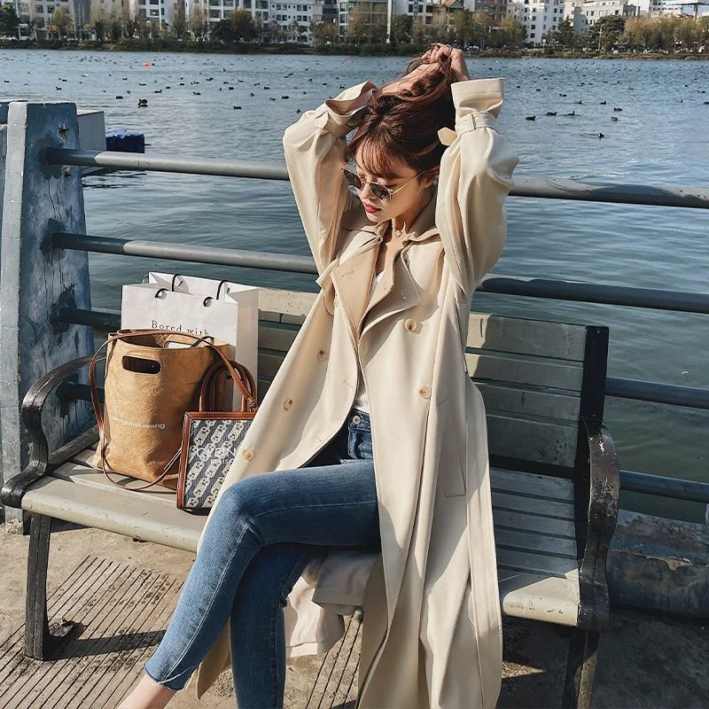 Korea Loose Oversize Double-Breasted Long Trench Coat Women White Black Duster Coat Windbreaker Lady Outerwear Spring Clothes