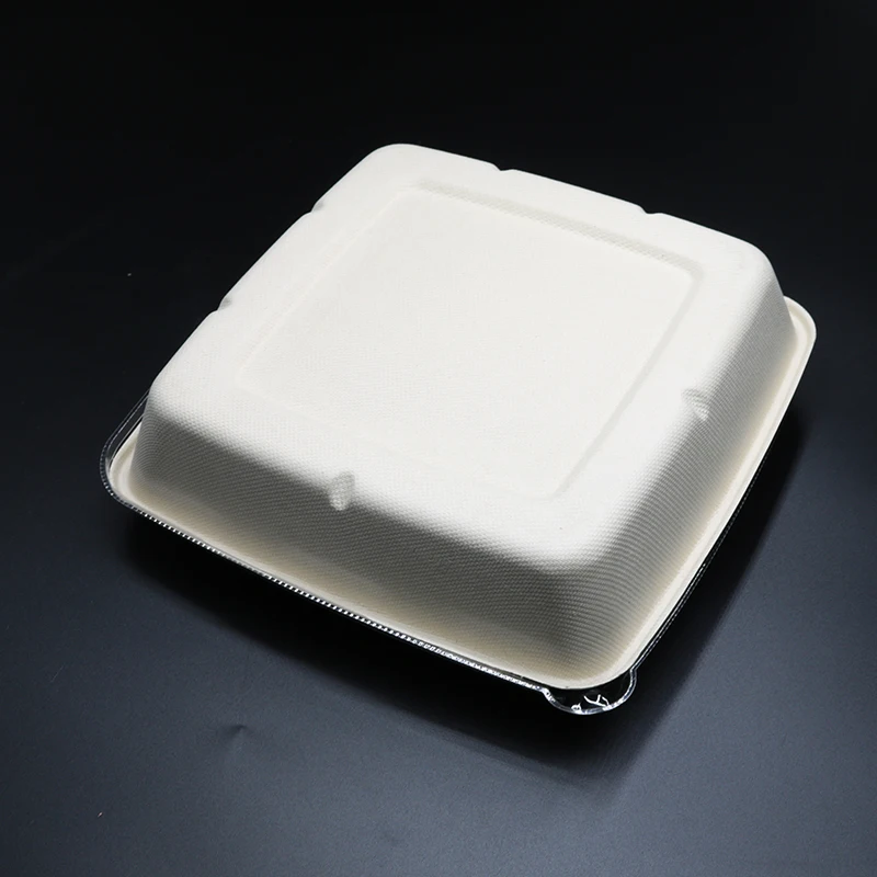 8*8-inch 1000ml/32Oz Square Environmental Biodegradable Takeaway Disposable Recycled Food Container Sugarcane Bento BOX