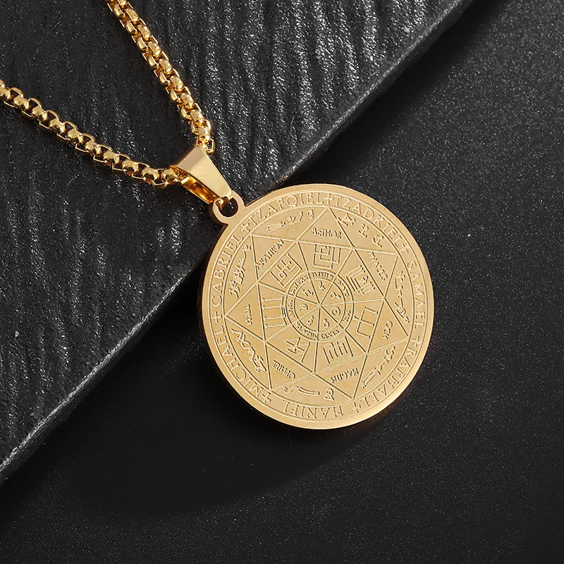 Destiny 7 Archangel Charm Necklace Men Stainless Steel Pendant Heart Letter Shape Pearl-Inspired Scripture Seal Totem Rune Bible