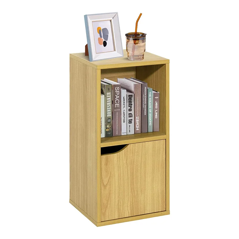 Wooden 2 cubed bookcase with door Modern Small 2 Tier Bookshelf Living Room Furniture