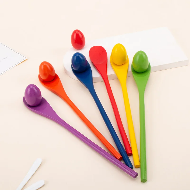 Services Kindergarten Interactive Education Craft Kids Colorful Wooden Sensory Balance Stick Spoon Egg Sensory Training Game Toy