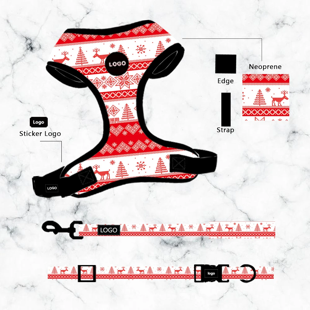 Custom Printed Neoprene Fabric on the front with Breathable Mesh Cotton Dog Collar Dog Harness Dog Leash Collar