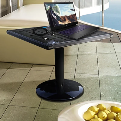 Outdoor multi-media solar table as solar energy rechargeable batteries for solar lights IP 65 solar coffee table