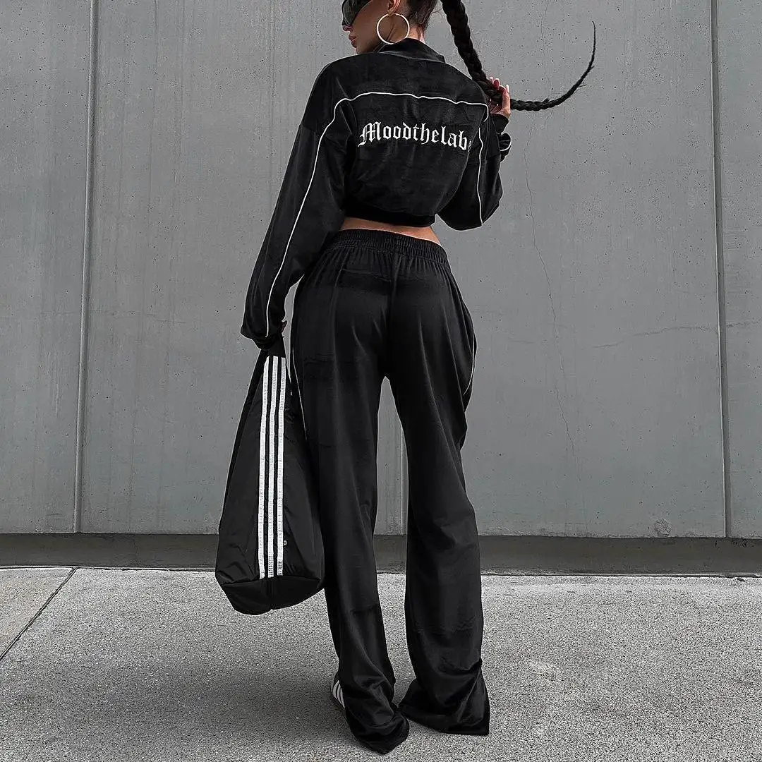 Customize Spring Casual Solid Long Sleeve Split Sweatpants Tracksuit Black Ladies Cropped Top Zipper Hoodie Set Woman Embroidery