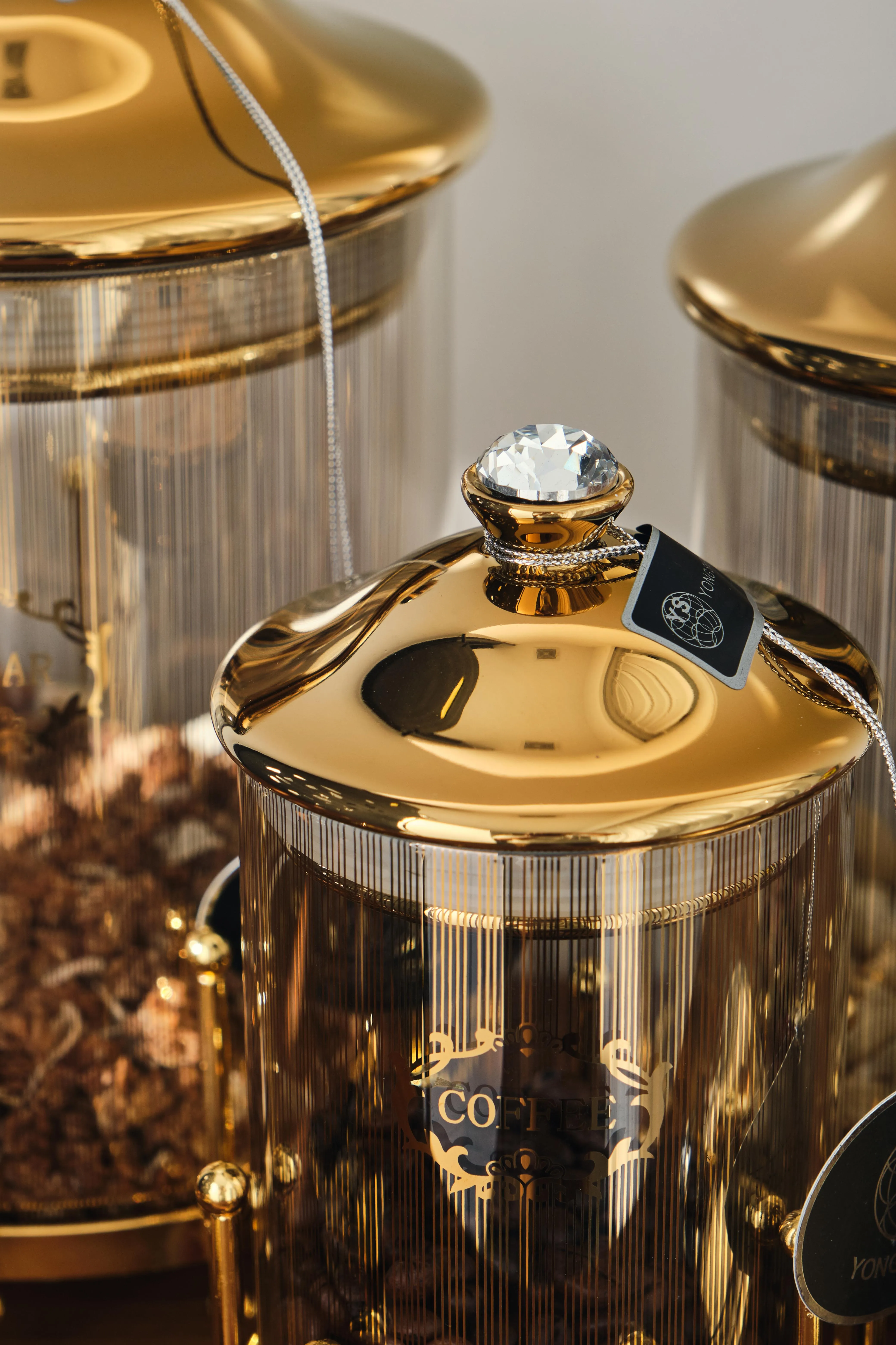 Food Sealed Canister Glass Kitchen Marble Design Luxury Gold Sliver Storage Canisters Glass Jar
