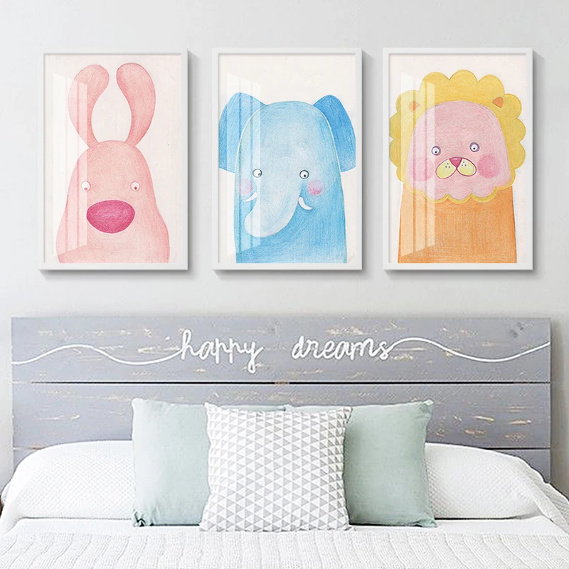 modern lovely cartoon animal oil painting for  girl kids room watercolour giraffe decorative paper and mdf frame wall art