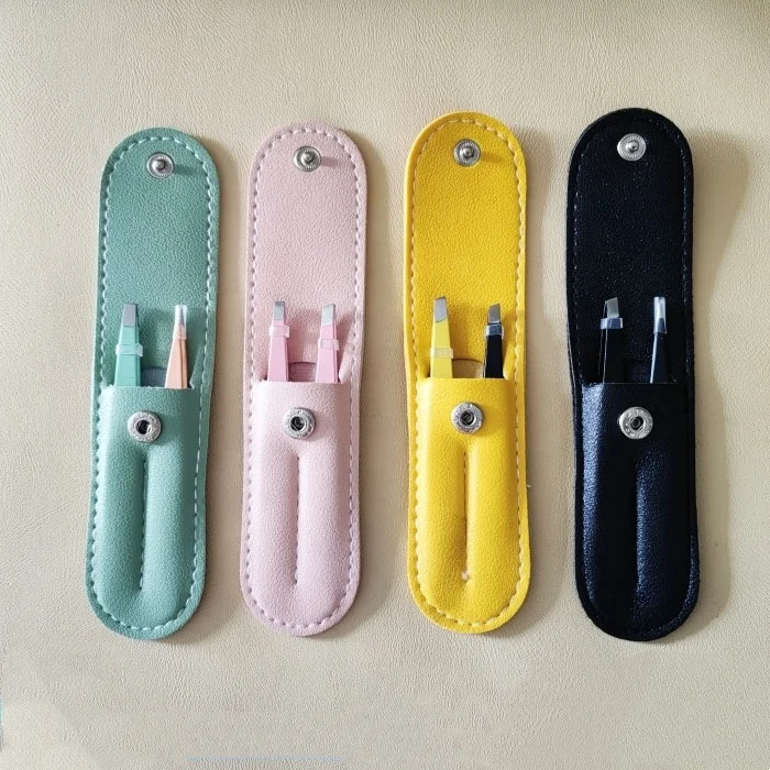 Wholesale Stainless Steel Portable Travel Gift 2PCS Slanted Pointed Pink Eyebrow Tweezers with PU Bag
