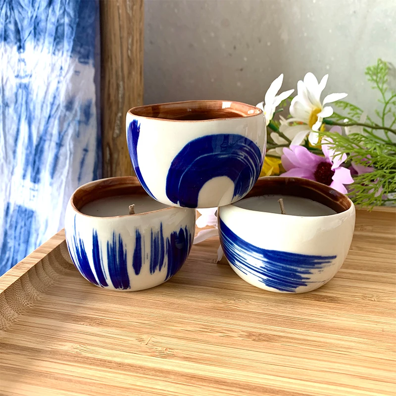 modern hand-painting blue design ceramic candle holder home decor candle cup