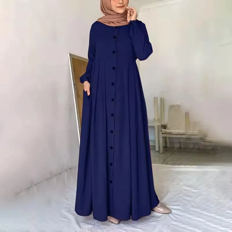 Simple New Fashion Long Sleeve Button Casual Dress for Dubai Turkish Women Muslim Adult Abaya Made of Polyester for Prayer