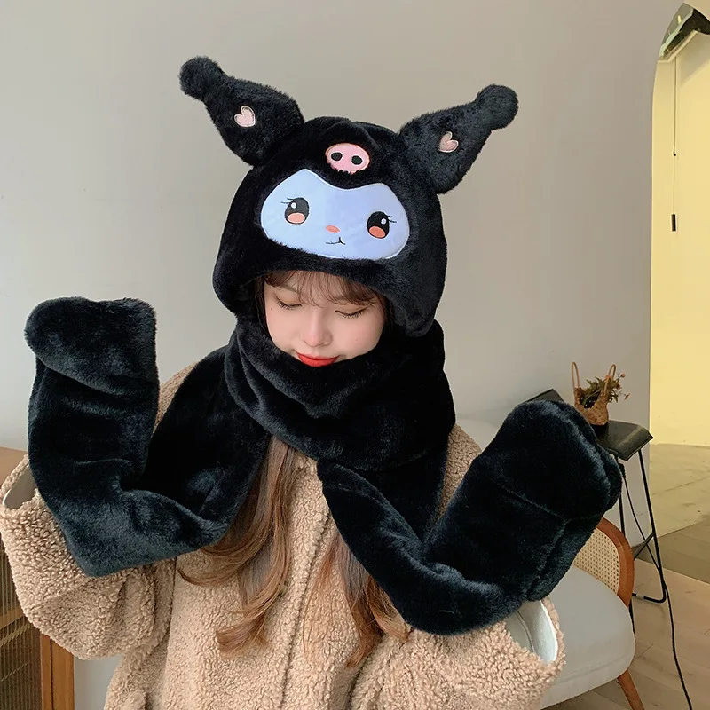 QY 3pcs/set Melody Cinnamoroll Cute Plush Scarf Hooded Children Warm Gloves Hats Scarves