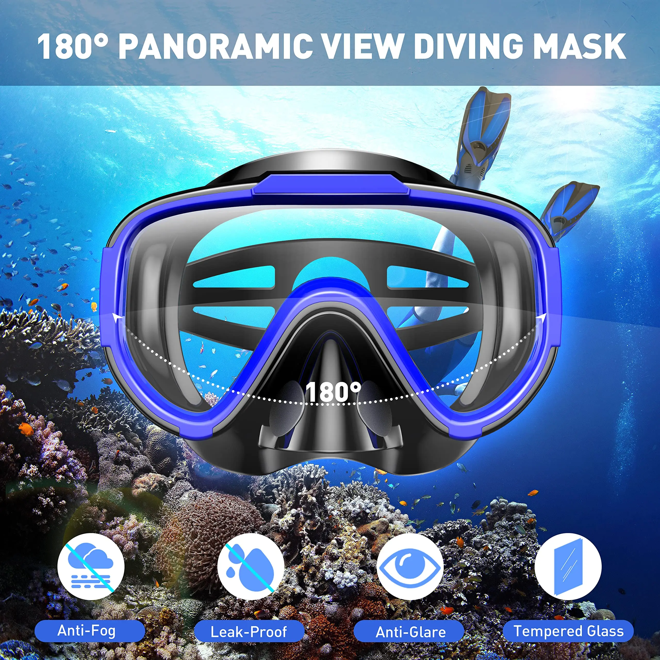 SKTIC Panoramic View Anti-Fog Anti-Leak Snorkel Mask Fins Adults Snorkel Set With Flippers For Swimming, Snorkeling, Free Diving
