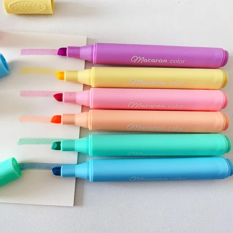 Customizable Macaron Colored Highlighter Chisel Tip Triangle Pen Holder Large Capacity Quick Dry Marker Pen 6-color set