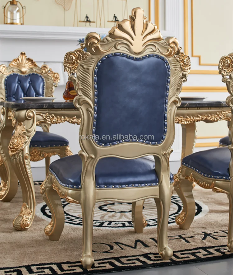 European Marble Rectangular Dining Table And Chairs Set Gold High-Grade Double Sided Carved Leather Dining Chairs Set