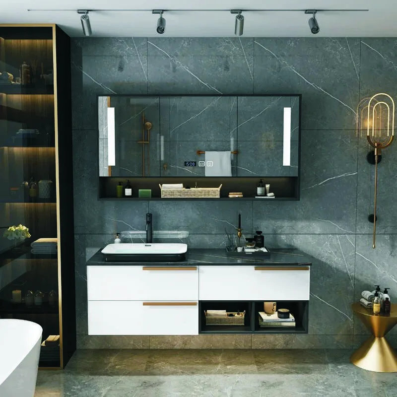 European Style Luxury Bathroom Cabinets Floating Vanities Single Sink Metal Handle Bath Cabinet