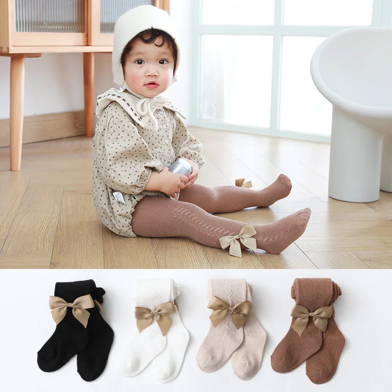 Spanish Princess Hollow out Design Breathable Baby Pantyhose Children Kids Baby Girl Stockings Tights And Socks With Bow