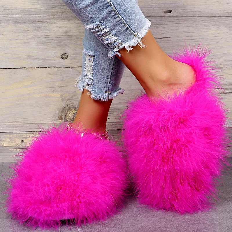 Quick Shipping Flush Raccoon Slippers Outdoor Fur Sandals Slider Slippers Wholesale Real Fur Slippers Fox Fur Slides For Women