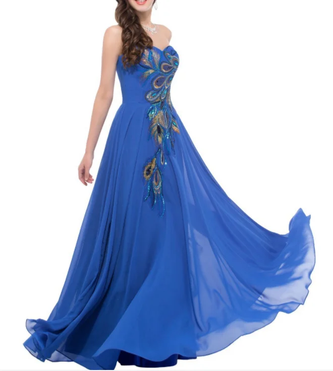 
2020 new embroidered peacock dress mopping long navy blue purple black dress gown chiffon 