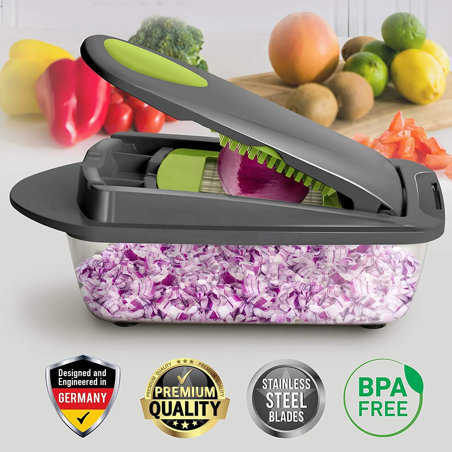 Free Sample Pro Food Vegetable Chopper Black Slicer Dicer Cutter Spiralizer Vegetable Slicer Onion Chopper with Container