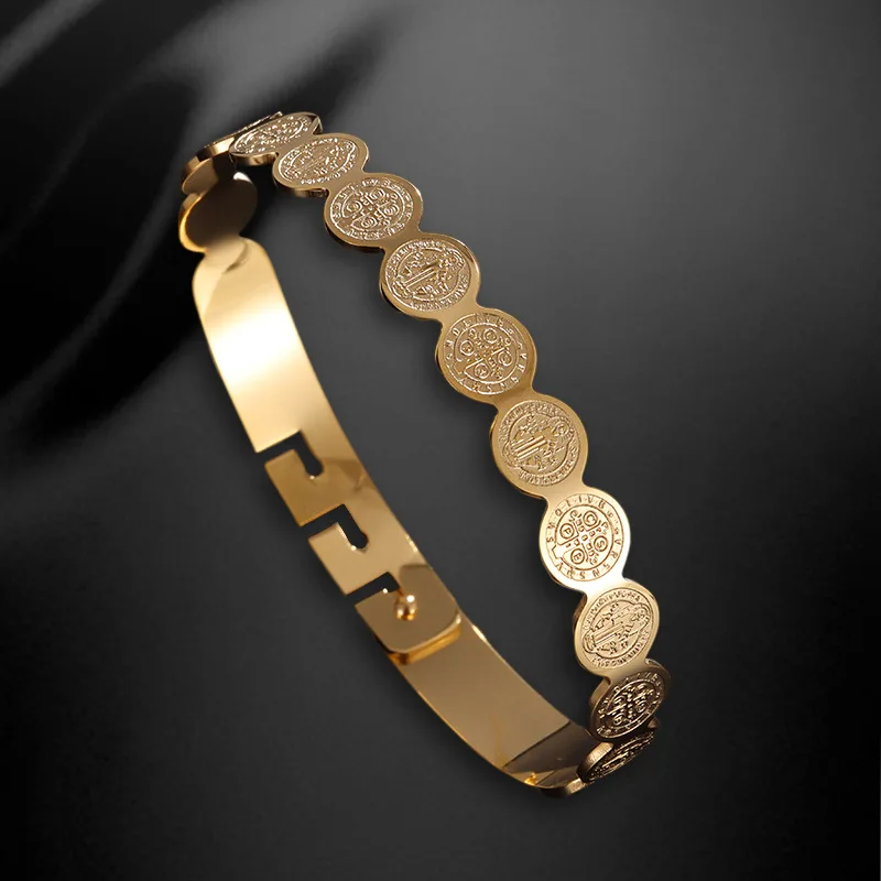2023 new design gold plated laser coin chain stainless steel clip-on bangle fashion women jewelry waterproof No fading bracelets