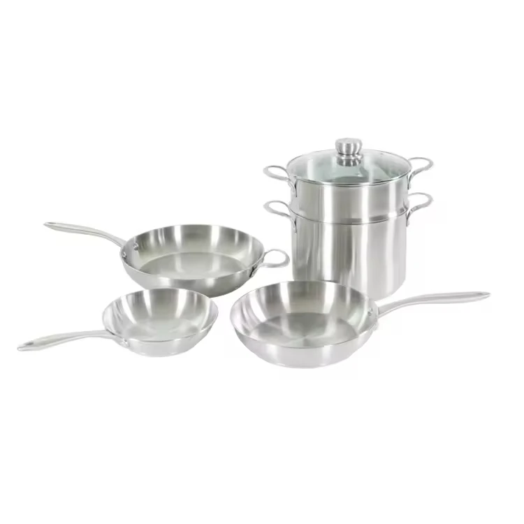 Stainless Steel Cookware Set  6-Piece Double Boiler Saute Pan Fry Pan Skillet Brushed