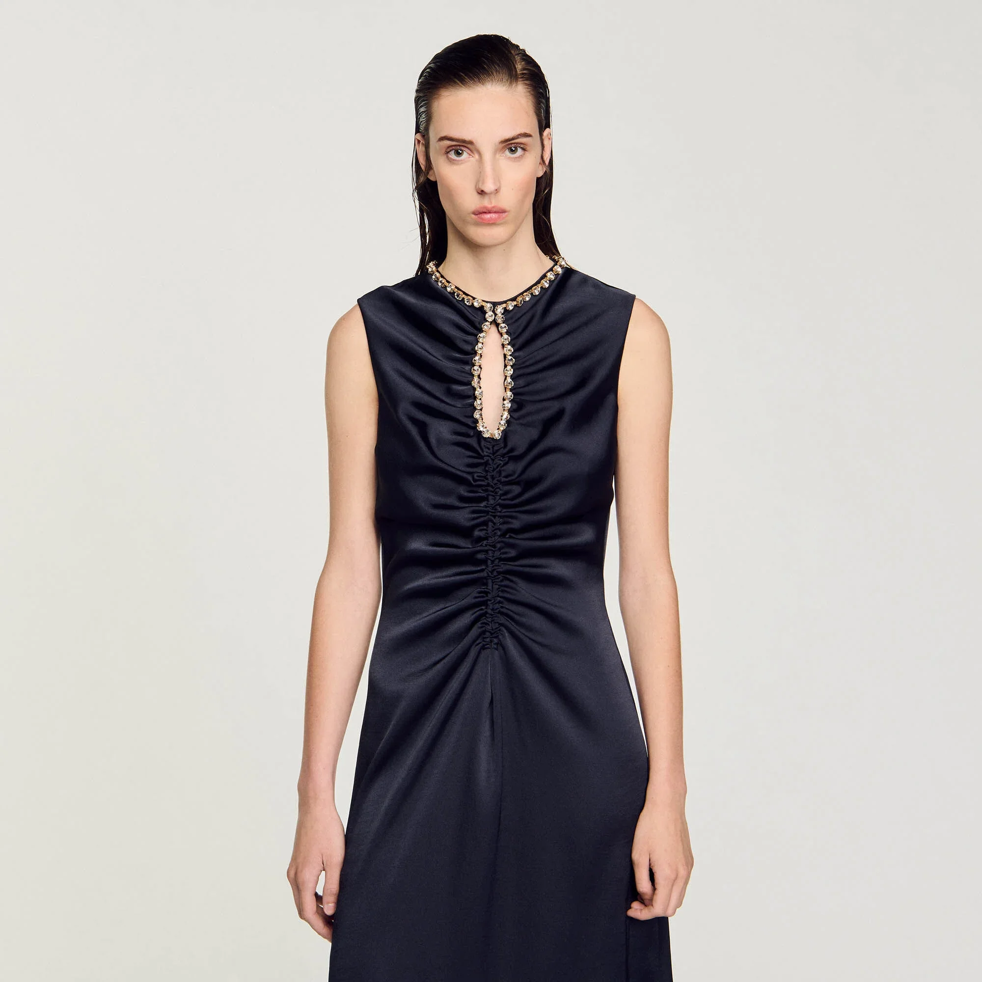 Bettergirl New Custom Quality Clothes French Black Sleeveless Sandro Dress Casual Satin-effect Rhinestone Midi Dress