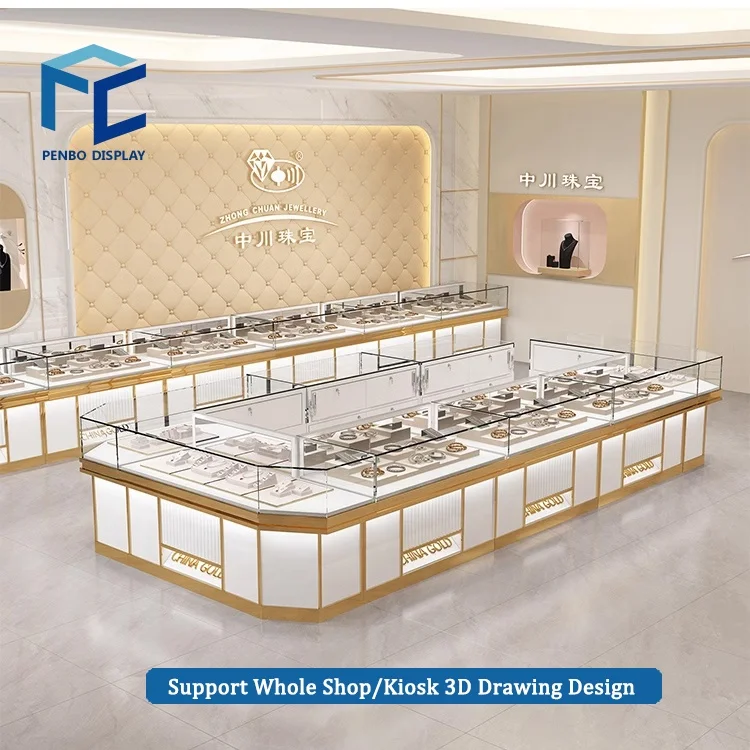 Custom Modern Mall Kiosk Watches Pearl Store Furniture Decoration Jewelry Display Counter Cabinet Showcase for Gold Jewelry Shop